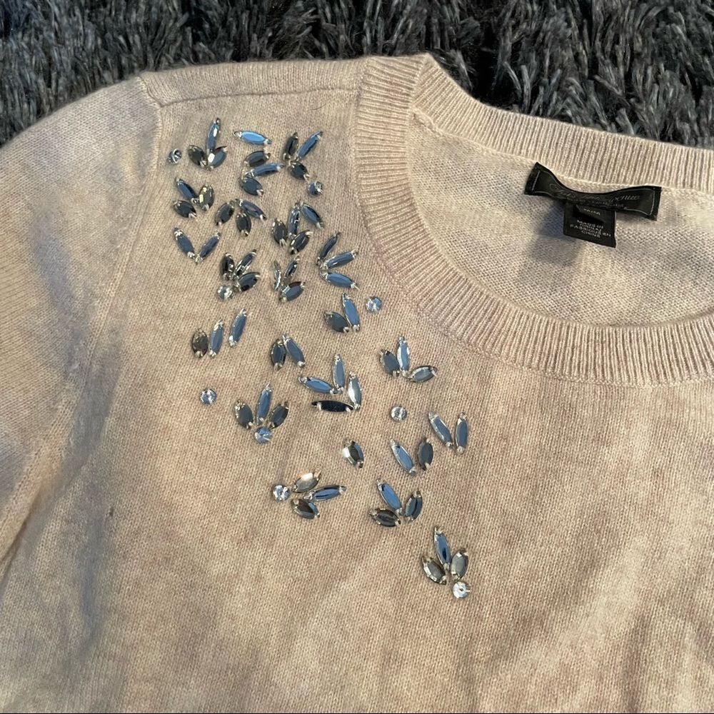SAKS FIFTH AVENUE Black Label Embellished Cashmere Sweater In Beige- Size Medium - Picture 6 of 11